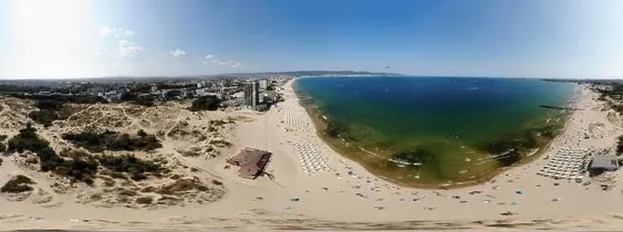 Framed Print : Aerial 360 Degree full sphere Panoramic photo view of the beach front on the beach of Sunny Beach in Bulgaria showing Framed Print : Aerial 360 Degree full sphere Panoramic photo view of the beach front on the beach of Sunny Beach in Bulgaria showing