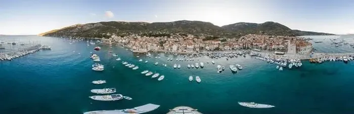 Framed Print : Aerial 360 panorama drone shot of Komiza town of Vis Island before sunrise hour in Croatia summer Framed Print : Aerial 360 panorama drone shot of Komiza town of Vis Island before sunrise hour in Croatia summer