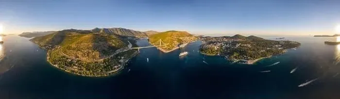 Framed Print : Aerial 360 panorama photo of Dubrovnik bridge Lapad peninsula in Adriatic sea in Croatia summer sunset
