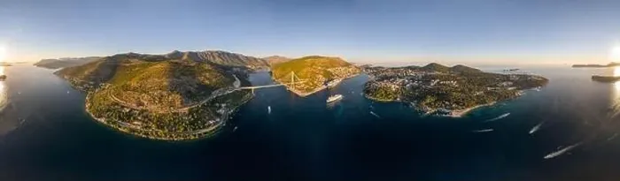 Framed Print : Aerial 360 panorama photo of Dubrovnik bridge Lapad peninsula in Adriatic sea in Croatia summer sunset Framed Print : Aerial 360 panorama photo of Dubrovnik bridge Lapad peninsula in Adriatic sea in Croatia summer sunset