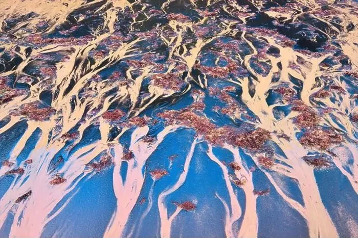 Framed Print : Aerial abstraction captures the intricate patterns of dry mud with vivid contrasts in shapes and hues Framed Print : Aerial abstraction captures the intricate patterns of dry mud with vivid contrasts in shapes and hues