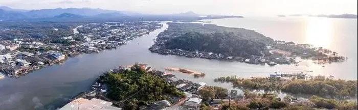 Framed Print : Aerial city view of Ranong and its estuary, Thailand Framed Print : Aerial city view of Ranong and its estuary, Thailand