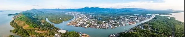 Framed Print : Aerial city view of Ranong and its estuary, Thailand Framed Print : Aerial city view of Ranong and its estuary, Thailand