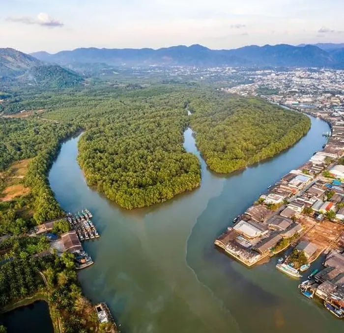 Framed Print : Aerial city view of Ranong and its estuary, Thailand Framed Print : Aerial city view of Ranong and its estuary, Thailand