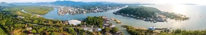 Framed Print : Aerial city view of Ranong and its estuary, Thailand Framed Print : Aerial city view of Ranong and its estuary, Thailand