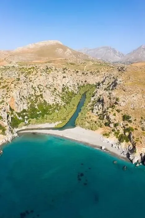 Framed Print : Aerial coastal view of Preveli Beach and Kourtaliotis River, Crete, Greece Framed Print : Aerial coastal view of Preveli Beach and Kourtaliotis River, Crete, Greece