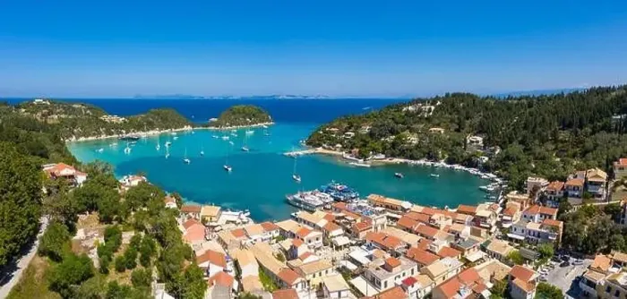 Framed Print : Aerial coastal view of the village of Lakka on the north coast of Paxos, Ionian Islands, Greece Framed Print : Aerial coastal view of the village of Lakka on the north coast of Paxos, Ionian Islands, Greece