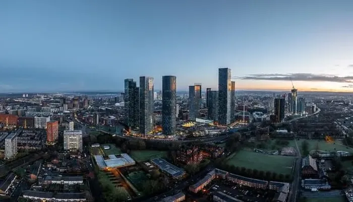 Framed Print : Aerial of Deansgate Square Manchester UK in the blue zone just before sunrise Framed Print : Aerial of Deansgate Square Manchester UK in the blue zone just before sunrise