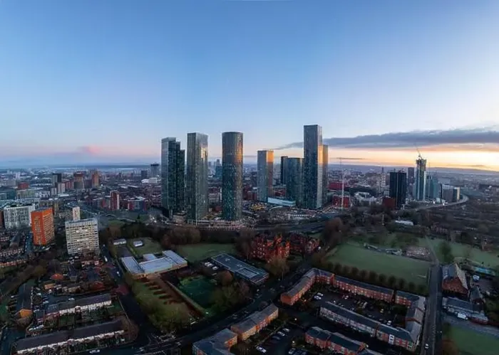 Framed Print : Aerial of Deansgate Square Manchester UK in the blue zone just before sunrise Framed Print : Aerial of Deansgate Square Manchester UK in the blue zone just before sunrise