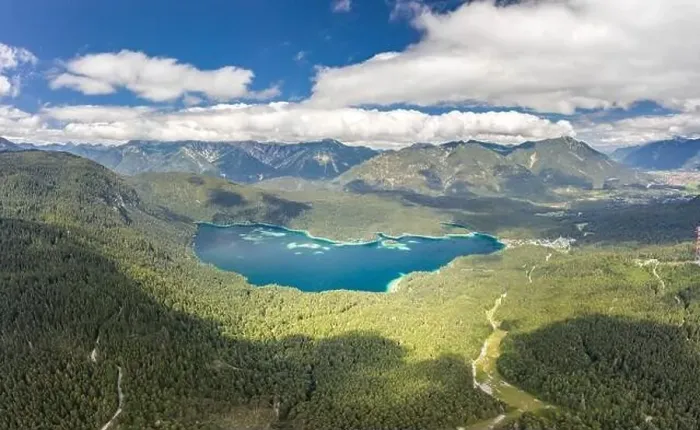 Framed Print : Aerial droe shot of Eibsee Lake at foot of Zugspitze in Germany Framed Print : Aerial droe shot of Eibsee Lake at foot of Zugspitze in Germany