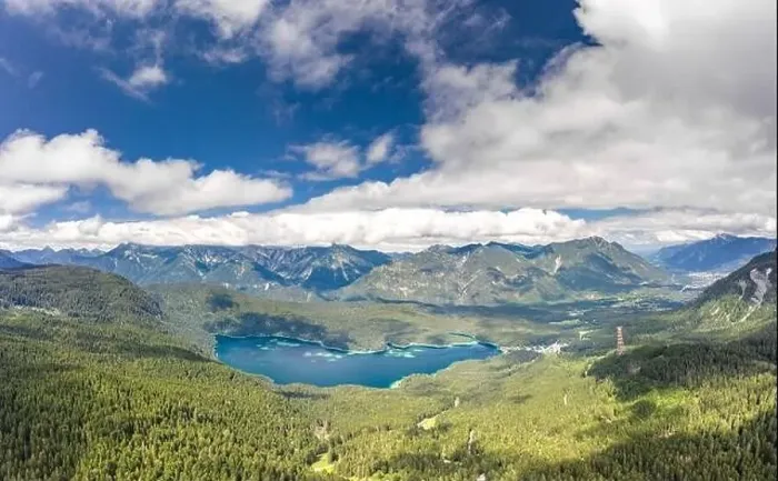 Framed Print : Aerial droe shot of Eibsee Lake at foot of Zugspitze in Germany Framed Print : Aerial droe shot of Eibsee Lake at foot of Zugspitze in Germany