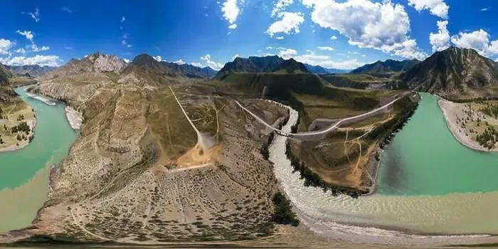 Framed Print : Aerial drone 360 panorama view of confluence of two rivers Framed Print : Aerial drone 360 panorama view of confluence of two rivers