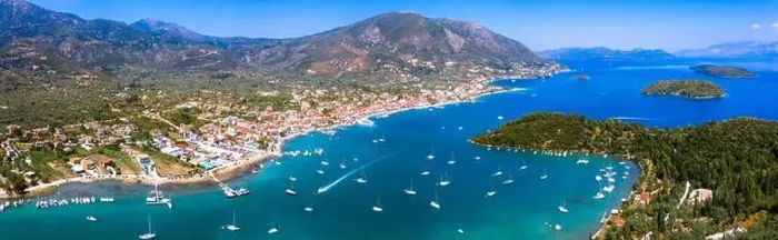 Framed Print : Aerial drone bird's eye view photo of iconic port of Nidri or Nydri, Leflkada island, Ionian, Greece