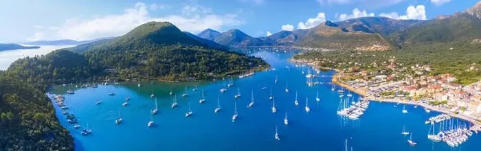 Framed Print : Aerial drone bird's eye view photo of iconic port of Nidri or Nydri, Leflkada island, Ionian, Greece