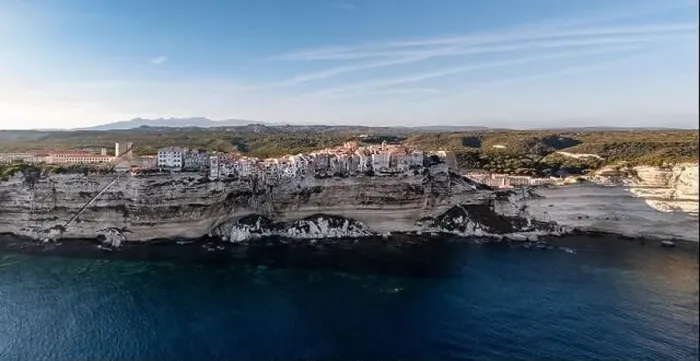 Framed Print : Aerial drone Bonifacio Corsica France cliff side historic town Framed Print : Aerial drone Bonifacio Corsica France cliff side historic town