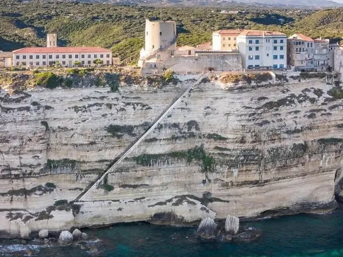 Framed Print : Aerial drone Bonifacio Corsica France cliff side historic town Framed Print : Aerial drone Bonifacio Corsica France cliff side historic town