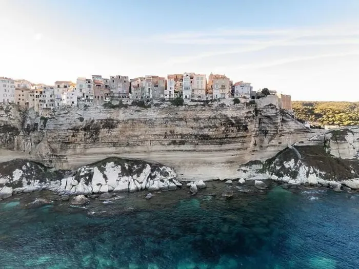 Framed Print : Aerial drone Bonifacio Corsica France cliff side historic town Framed Print : Aerial drone Bonifacio Corsica France cliff side historic town