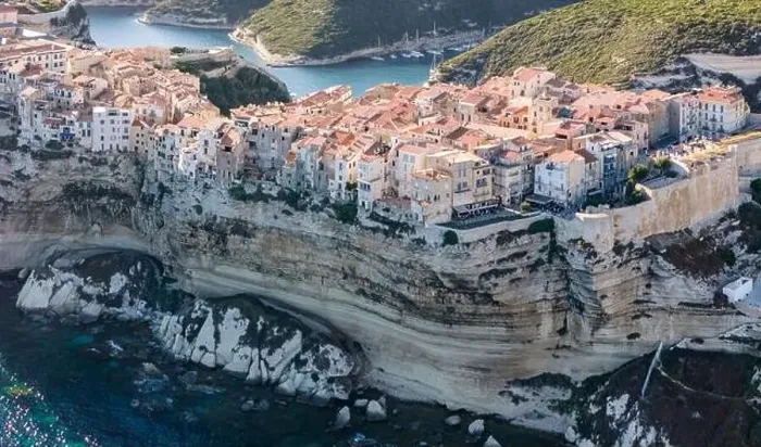 Framed Print : Aerial drone Bonifacio Corsica France cliff side historic town Framed Print : Aerial drone Bonifacio Corsica France cliff side historic town