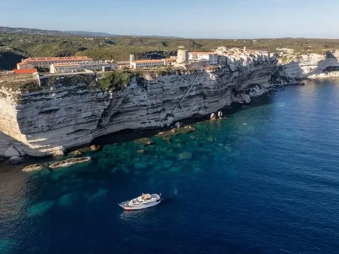 Framed Print : Aerial drone Bonifacio Corsica France cliff side historic town Framed Print : Aerial drone Bonifacio Corsica France cliff side historic town