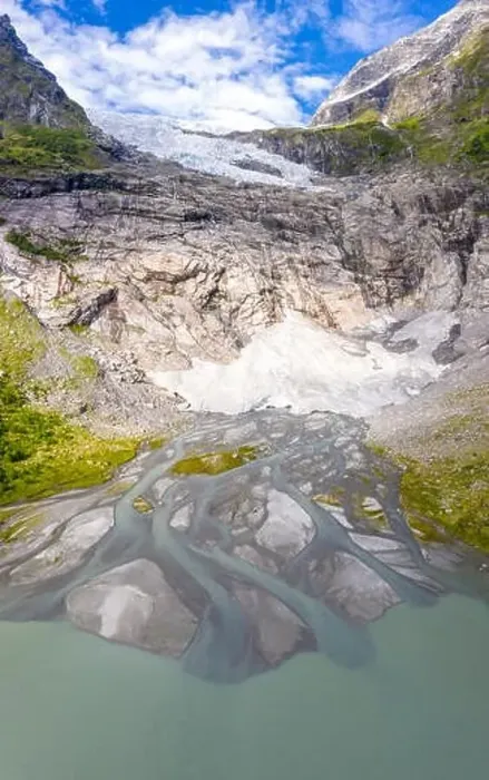 Framed Print : Aerial by drone of Boyabreen Glacier in summer Framed Print : Aerial by drone of Boyabreen Glacier in summer