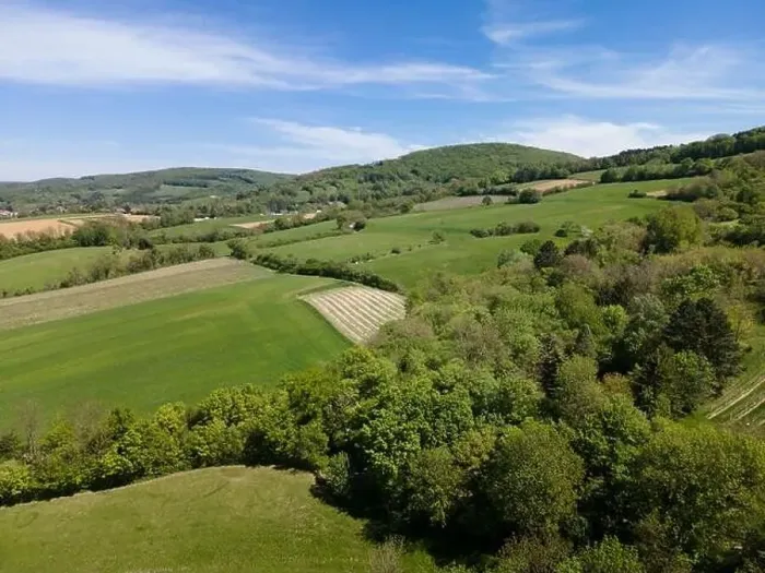 Framed Print : aerial drone flight photo of green hills, meadows and fresh forest in Lower Austria at the edge of Vienna Woods
