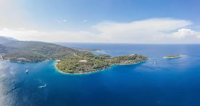 Framed Print : Aerial drone high angle shot of peninsula of Vis Island coastline in Adriatic sea in Croatia summer Framed Print : Aerial drone high angle shot of peninsula of Vis Island coastline in Adriatic sea in Croatia summer