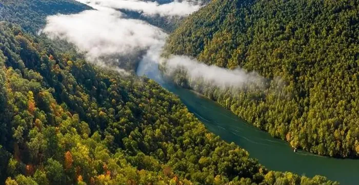 Framed Print : Aerial drone image of the Cheat River flowing through narrow wooded gorge in the autumn towards Cheat Lake near Framed Print : Aerial drone image of the Cheat River flowing through narrow wooded gorge in the autumn towards Cheat Lake near