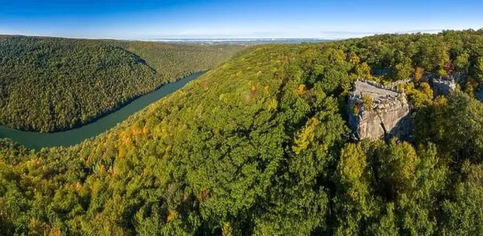 Framed Print : Aerial drone image of the Coopers Rock state park overlook over the Cheat River in narrow wooded gorge in the autumn Framed Print : Aerial drone image of the Coopers Rock state park overlook over the Cheat River in narrow wooded gorge in the autumn