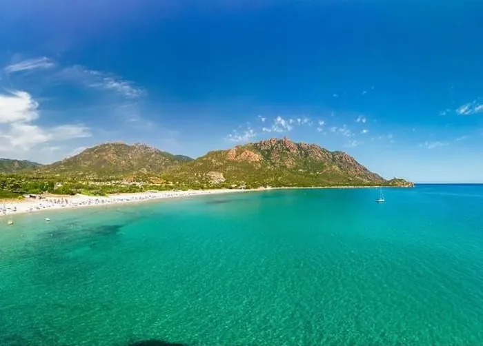 Framed Print : Aerial drone panorama of Foxi Manna beach in Tertenia. Sardinia, Italy