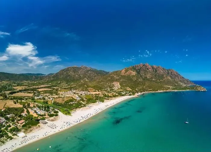 Framed Print : Aerial drone panorama of Foxi Manna beach in Tertenia. Sardinia, Italy