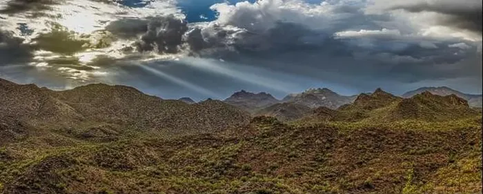 Framed Print : Aerial drone panorama image of a monsoon over the Sonoran Desert of Arizona with dramatic lighting and rugged terrain