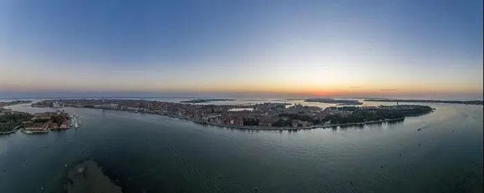 Framed Print : Aerial drone panorama of the lagoon of Venice and Lido island during sunrise in summer