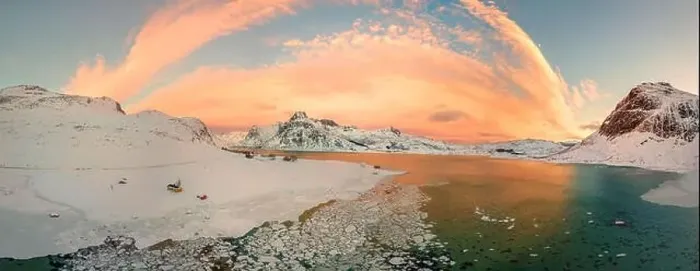 Framed Print : Aerial drone panorama photo. Beautiful sunset over the mountains and sea of the Lofoten Islands Framed Print : Aerial drone panorama photo. Beautiful sunset over the mountains and sea of the Lofoten Islands