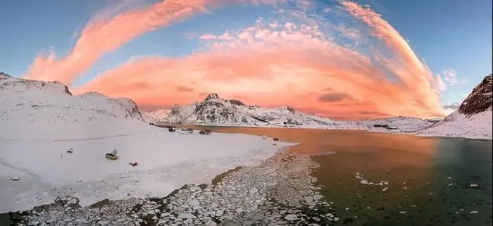Framed Print : Aerial drone panorama photo. Beautiful sunset over the mountains and sea of the Lofoten Islands