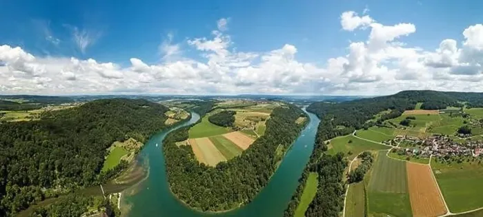 Framed Print : Aerial drone panorama of Rhine loop and sinuosity at Toesegg in Canton Zurich, Switzerland (large stitsched file)