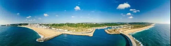 Framed Print : Aerial drone panorama view of Nazare, Portugal - town, ocean and beach