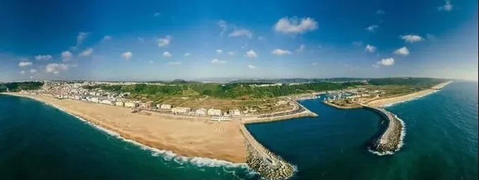 Framed Print : Aerial drone panorama view of Nazare, Portugal - town, ocean and beach