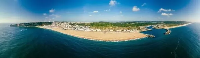 Framed Print : Aerial drone panorama view of Nazare, Portugal - town, ocean and beach
