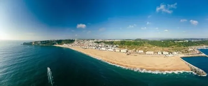 Framed Print : Aerial drone panorama view of Nazare, Portugal - town, ocean and beach