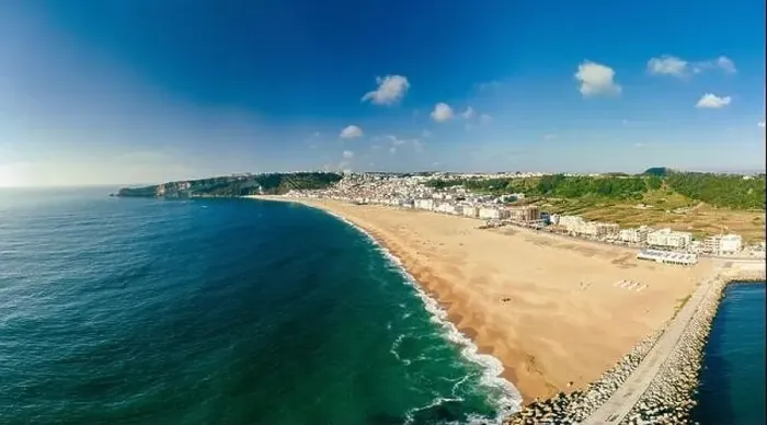 Framed Print : Aerial drone panorama view of Nazare, Portugal - town, ocean and beach