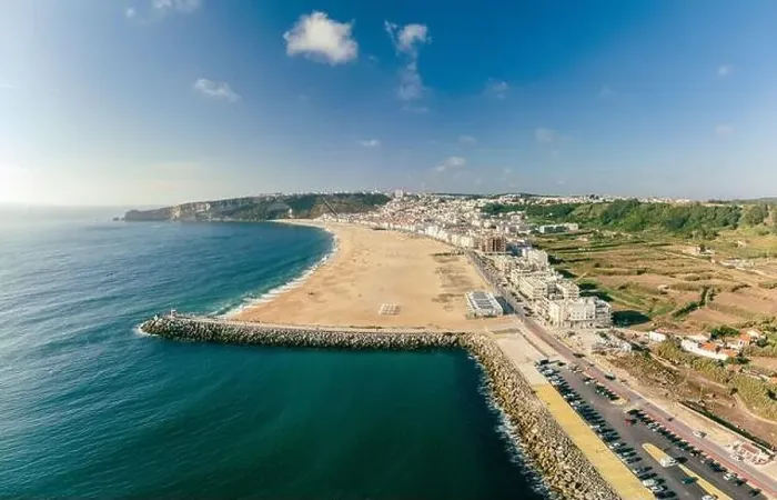 Framed Print : Aerial drone panorama view of Nazare, Portugal - town, ocean and beach