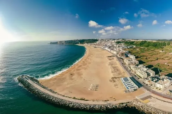 Framed Print : Aerial drone panorama view of Nazare, Portugal - town, ocean and beach