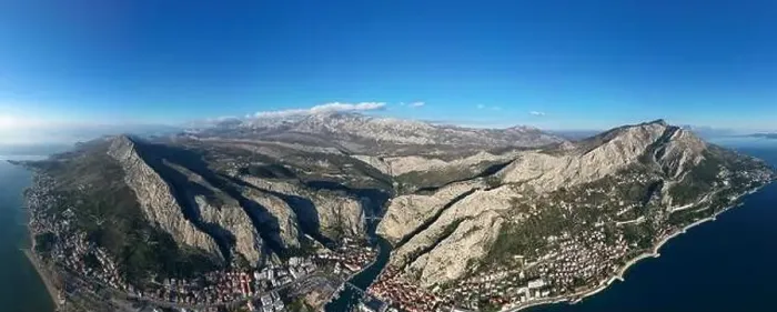 Framed Print : Aerial drone panorama view of Omis town in Croatia Framed Print : Aerial drone panorama view of Omis town in Croatia