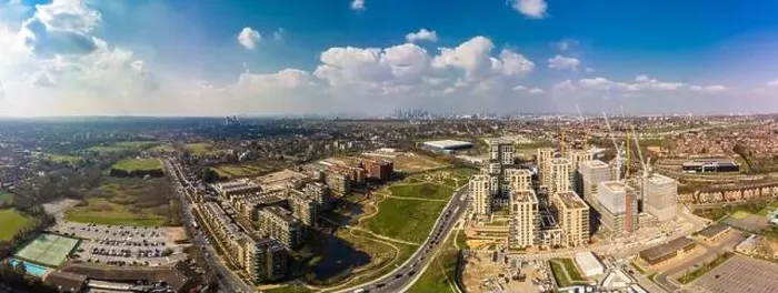 Framed Print : Aerial drone panoramic image of Kidbrooke Village, London, UK Framed Print : Aerial drone panoramic image of Kidbrooke Village, London, UK
