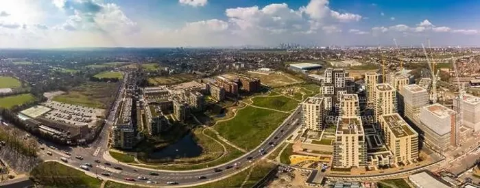 Framed Print : Aerial drone panoramic image of Kidbrooke Village, London, UK Framed Print : Aerial drone panoramic image of Kidbrooke Village, London, UK