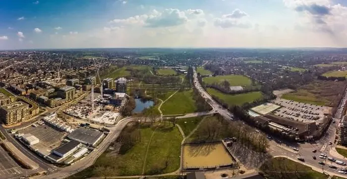 Framed Print : Aerial drone panoramic image of Kidbrooke Village, London, UK Framed Print : Aerial drone panoramic image of Kidbrooke Village, London, UK