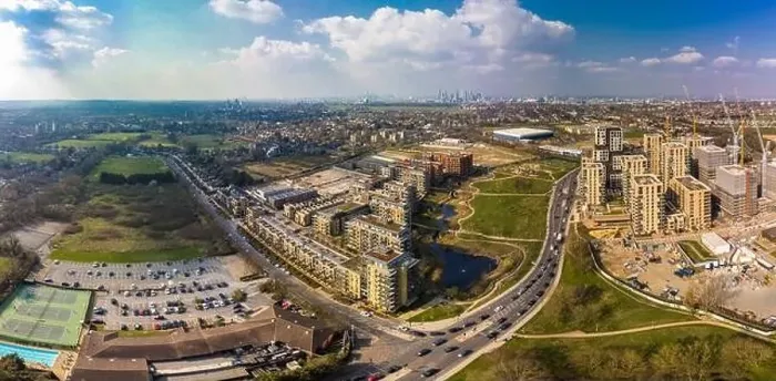 Framed Print : Aerial drone panoramic image of Kidbrooke Village, London, UK Framed Print : Aerial drone panoramic image of Kidbrooke Village, London, UK