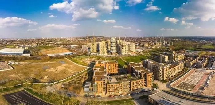 Framed Print : Aerial drone panoramic image of Kidbrooke Village, London, UK Framed Print : Aerial drone panoramic image of Kidbrooke Village, London, UK