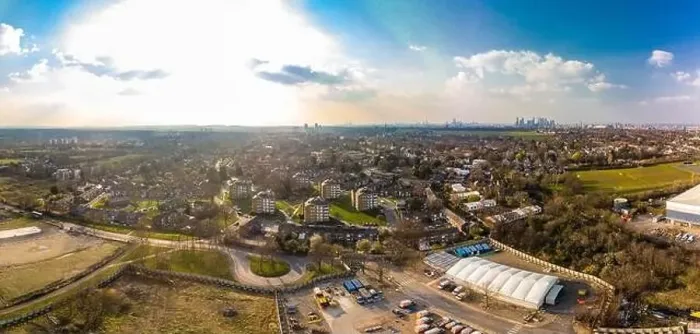 Framed Print : Aerial drone panoramic image of Kidbrooke Village, London, UK Framed Print : Aerial drone panoramic image of Kidbrooke Village, London, UK