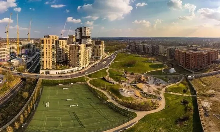 Framed Print : Aerial drone panoramic image of Kidbrooke Village, London, UK Framed Print : Aerial drone panoramic image of Kidbrooke Village, London, UK